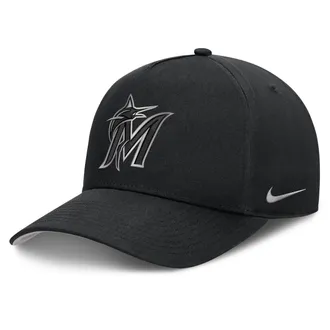 Nike Miami Marlins Rise Nike Mens Dri-FIT MLB A-Frame Trucker Adjustable Hat in Black | NB1E0FBPMQM-HWD