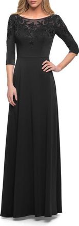 La Femme Jersey Mother of the Bride Gown with Lace Neckline in Black at Nordstrom, Size 12
