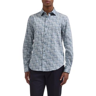 Bugatchi Axel Trim Fit Abstract Mosaic Print Stretch Cotton Button-Up Shirt in Ether at Nordstrom, Size Xxx-Large