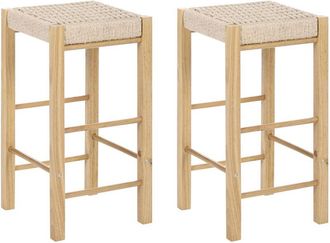 Beliani Set of 2 Bar Stools Light Brown Rubber Wood Woven Seat Boho Style Kitchen Dining Room EMBRUN