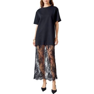 endless rose Mixed Media Cotton Knit & Lace T-Shirt Dress in Black at Nordstrom, Size Medium