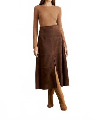Tanya Taylor Suede Hudson Midi Skirt In Chocolate
