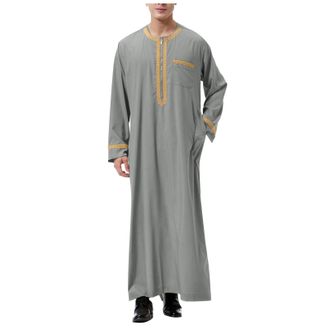 Generic Mens Long Sleeve Abaya Robe Round Collar Clothing Kaftan Thobe with Pockets Long Gown Kaftan Thobe for Men Muslim Robes Muslim Clothes for Men S-XXXL 