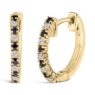 House of Brilliance 10K Yellow Alternating Blue Sapphire 1/10 Ct Diamond Huggy Hoop Earrings (I-J Color, I1-I2 Clarity)