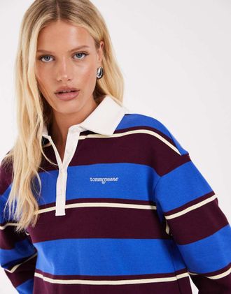 Tommy Jeans Camicia stile rugby blu a righe vestibilit&agrave; comoda con logo