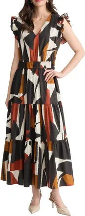 Jones New York Ruffle Fit & Flare Midi Dress in Jones Black Multi at Nordstrom, Size X-Large