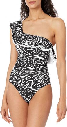Gottex Swan One Shoulder Ruffle One Piece Swimsuit In Black/white