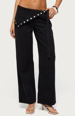 Edikted Button Foldover Low Rise Wide Leg Jeans in Denim-Black at Nordstrom, Size X-Small