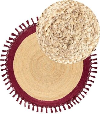 Beliani Beliani - Boho Rustic Area Rug Round 140 cm Natural Jute Handmade Braided Beige and Red Marts