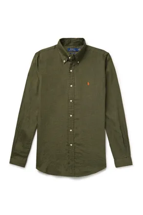 Polo Ralph Lauren Button-Down Collar Logo-Embroidered Linen Shirt