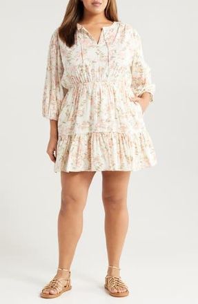 Treasure & Bond Floral Print Ruffle Hem Minidress in Ivory- Coral Trail Blooms at Nordstrom Rack, Size 3X