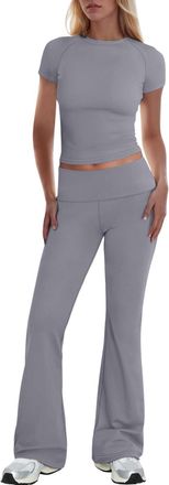 Generic Womens Tracksuits 2 Piece Y2k Outfits Short Sleeve Crop Top and Low Rise Fold Over Flare Yoga Pants Lounge Sets S-L Dark Gray