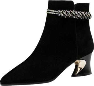 Generic Womens Ankle Boots Black Suede-Like Material Pointed Toe Chunky Block Heels Metallic Chain Detail Gold Accent Heels Side Zipper Sleek,Black,3.5 UK