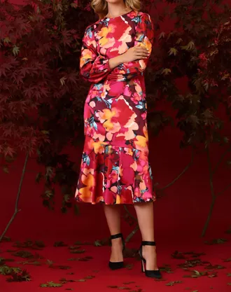 Maggy London Floral Long Sleeve Satin Dress In Black/fuchsia