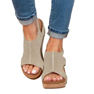 Generic Uwdiohq Womens Low Wedge Sandals Women Summer Solid Casual Open Toe Comfortable Beach Shoes For Correction Ladies Wide Fit Comfy Uk Womens Walking Cus