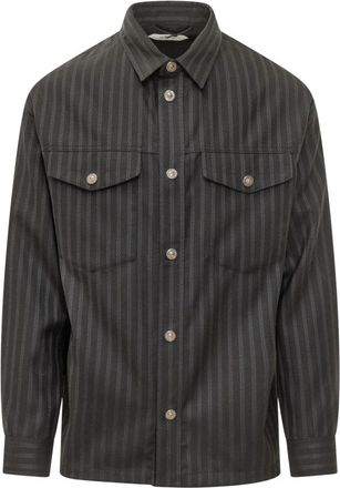 Versace Logo Stripe Pocket Shirt - Heren - Casual Overhemden - Zwart - L - Wol - Overhemden