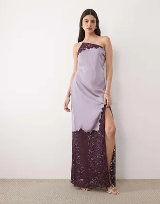 Six Stories Vestito lungo monospalla in raso e pizzo viola orchidea con spacco
