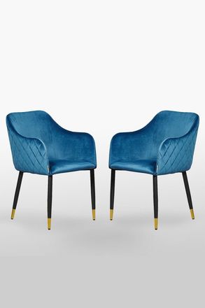 Life Interiors Set of 2 Verona Velvet Dining Chairs with Quilted Back & Black Legs - Modern Accent Chair with Gold Foot Caps in Blue