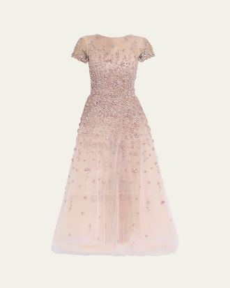 Oscar De La Renta Degrade Crystal Cap-Sleeve Midi Cocktail Dress