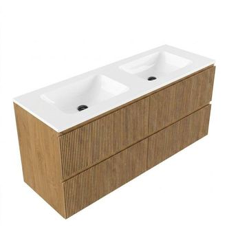 Saniclass Holz Atelier Badkamermeubelset - 140x45x77.5cm - Torino solid surface wastafel wit - zonder kraangat - 4 lades - mat eiken natural (hout)