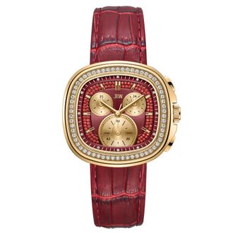 JBW Coast Leather Chronograph GMT Quartz Diamond Red Dial Mens Watch J6415C