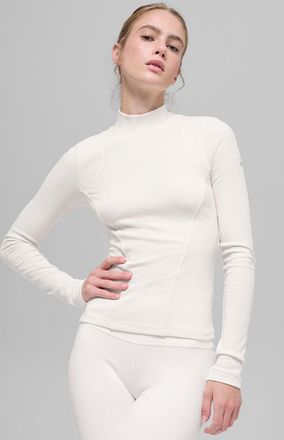 Alo | Ribbed Mesmerize Mock Neck Long Sleeve Top in Ivory White, Size: Medium