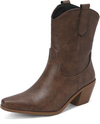 Generic Womens Mid-Calf Western Cowboy Boots with Square Toe & Chunky Heel, Retro Wide-Calf Style,Brown,5.5 UK