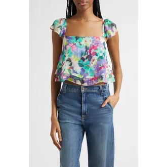 Ramy Brook Emery Floral Silk Top in Capri Garden at Nordstrom, Size Xx-Small