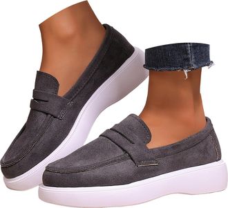 Generic Women Platform Slip On Loafers Comfortable Suede Wide Low Top Casual Shoes Fashion Round Toe Chunky Loafer Ladies Work Driving Walking Shoes Indoor Ou