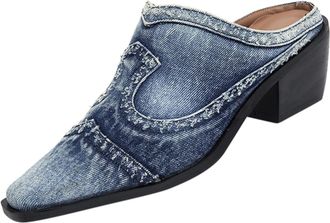Generic Womens Sandals with Chunky Heel Closed Pointed Toe Pumps Sandals Denim Fabric Breathable Mules Lightweight Comfortable Slippers Fashion Elegant Bohemi