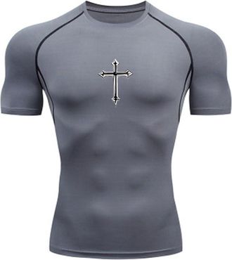 Generic Cross Print Compression Shirt for Men Christian Athletic Tshirt Tees Tops Gym Workout Running Baselayers Undershirts,4,M