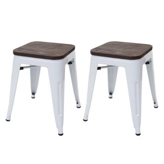 Hhg Juego De 2 Taburetes Hhg 397 Incl. Asiento De Madera, Taburete De Metal Asiento Taburete, Metal Dise&ntilde;o Industrial Apilable, Blanco