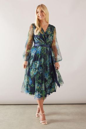 Wallis Womens Petite Floral Mesh Satin Tie Midi Dress - Navy - Size 18 UK