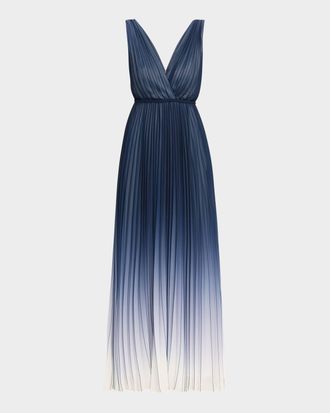 Emanuel Ungaro Deep V-Neck Pleated Ombre Gown
