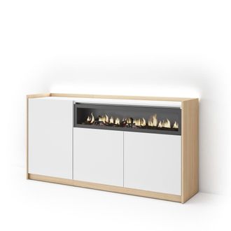 Skraut Home Aparador efecto madera blanco roble 156x37x80cm chimenea efecto fuego