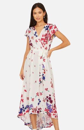 Yumi Floral Mirror Dip Hem Wrap Dress in Ivory at Nordstrom, Size 12
