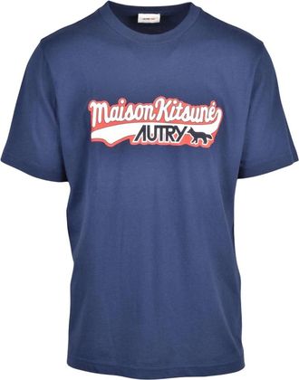 Maison Kitsun&eacute; Logo T-shirt - Heren - Tops - Blauw - Maat: L Katoen
