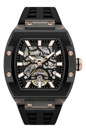 Kenneth Cole Skeleton Tonneau Automatic Silicone Strap Watch, 41.5mm x 53.5mm in Black at Nordstrom