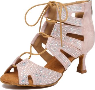 Minitoo Womens Latin Salsa Dancing Heels with Rhinestones Bridal Wedding Evening Sandals Shoes L570 Pink 7.5cm Heel UK 7.5