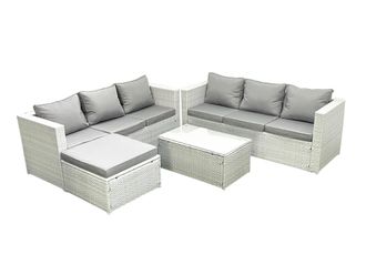 Fimous Garden Outdoor PE Rattan Furniture Set 7 Seater Rattan Garden Sofa Set with Big Footstool Light Grey Mixed