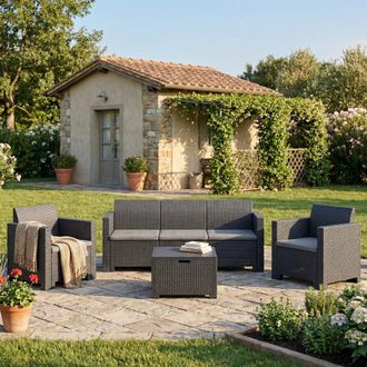 Dmora Conjunto De Sal&oacute;n De Exterior Dm&uuml;h, Conjunto De Jard&iacute;n Con Cojines, Zona De Estar Interior Efecto Rat&aacute;n, 100% Made In Italy, Antracita - Dmora