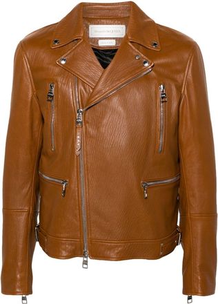 Alexander McQueen zip-up leather biker jacket - men - Cotton/Lamb Skin/Viscose/Polyester/Polyamide - 56 - Brown