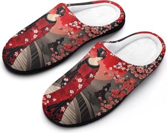 Generic Japanese Geisha Under The Blood Moon Slippers Men Winter Warm Cotton Anti-Slip Indoor Slip-Ons House Shoes