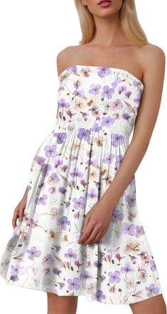 Generic Womens Strapless Bandeau Mini Dress Sun Dresses for Women Boob Tube Sundress Floral Print Bandeau Sheering Sleeveless Mini Dress Boob Tube Pleated Swi