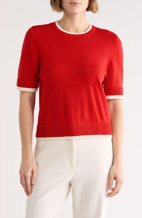 French Connection Layered Crewneck Short Sleeve Sweater in True Red/Cream at Nordstrom Rack, Size X-Large