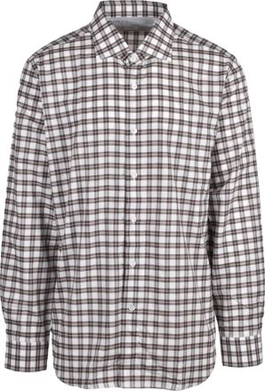Eleventy White/Brown Checkered Pointed Collar Cotton Shirt