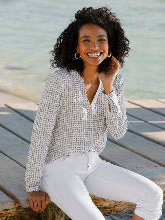 Heine Klassische Bluse HEINE, Damen, Gr. 34, hellgrau, ecru, bedruckt, 95% Viskose, 5% Elasthan, bedruckt, gemustert, mehrfarbig, V-Ausschnitt, Blusen Klass