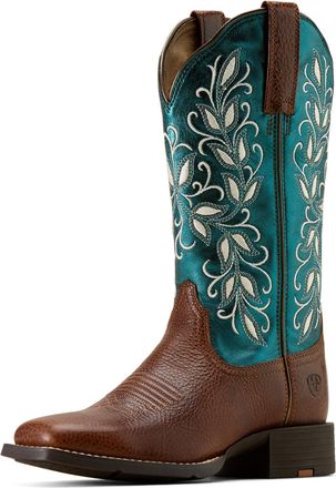 Ariat Womens Round Up Holly Wide Square Toe Western Boots in Beasty Brown Metallic Sea, B Medium Width, Size 7.5, by Ariat