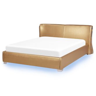 Beliani Cama Tapizada En Piel Dorada Con Somier Y Luces Led 160 X 200 Cm Dise&ntilde;o Moderno Paris