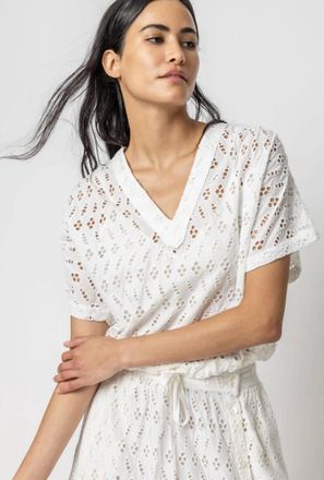 Lilla P Eyelet Drawstring Dolman V-Neck Top In White